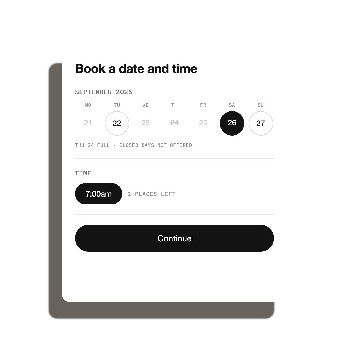 A customer's booking screen showing available dates and times